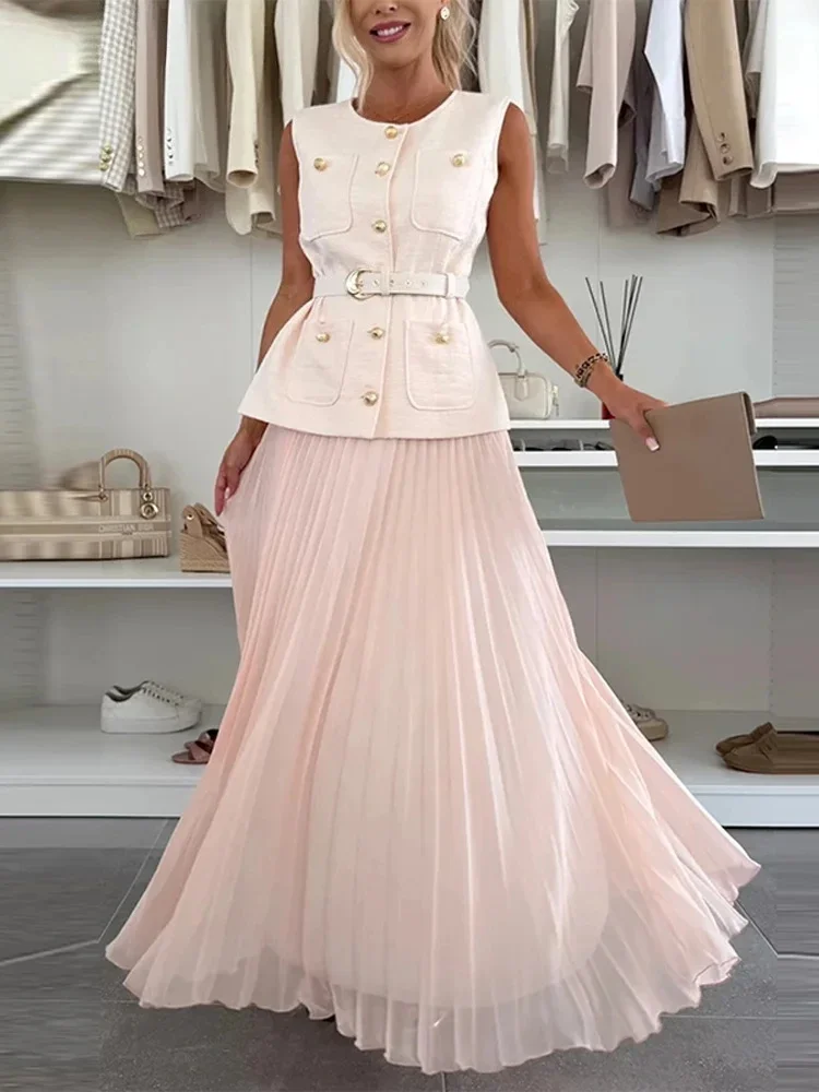 Elegante Weste Röcke Set Frauen Schärpen Ärmellose Oansatz Einreiher Top Hohe Taille Gefaltete Lange Rock Neue Dame Chic Anzug
