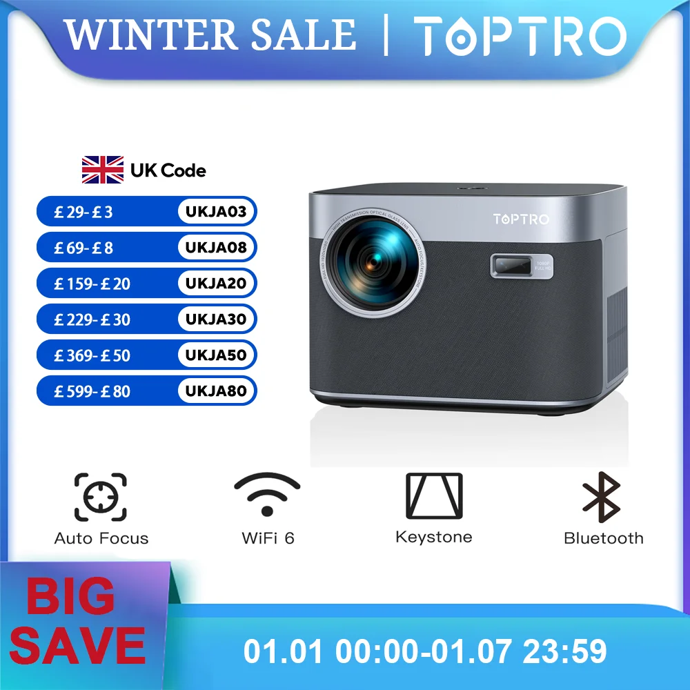 TOPTRO Projector 4K Android 9.0 26000 Lumens native 1080P WiFi6 Bluetooth Projector Auto Focus/Keystone Outdoor Home Theater