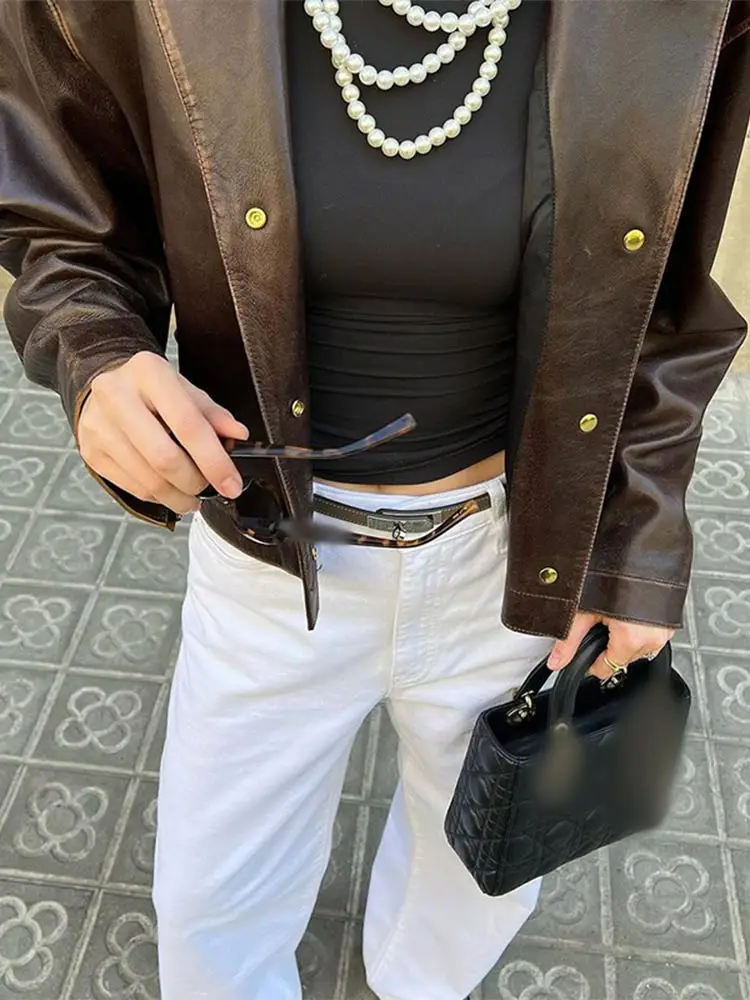 Women Fashion Brown Lapel Loose Leather Jacket Casual Long Sleeved Single Breasted Short Coat 2024 Autumn Chic Lady Outerwear