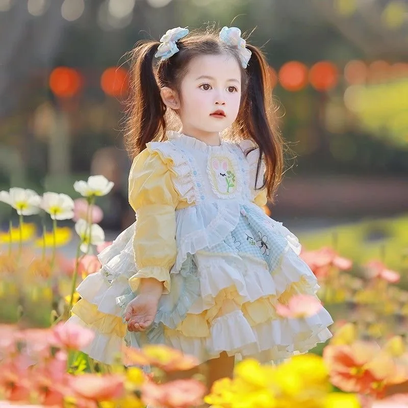 Baby Girl Velvet Yellow Lace Lolita Princess Dress Infant Toddler Children Vintage Layer Tulle Vestido Christmas Baby Clothes