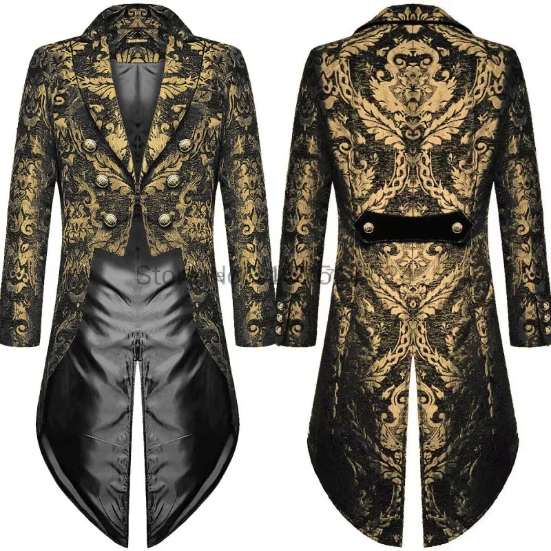 Medieval Steampunk Gothic Tailcoat Jacket Renaissance Gold Black Jacquard Fabric Damask Wedding Blazer Coat Halloween Costumes image 6