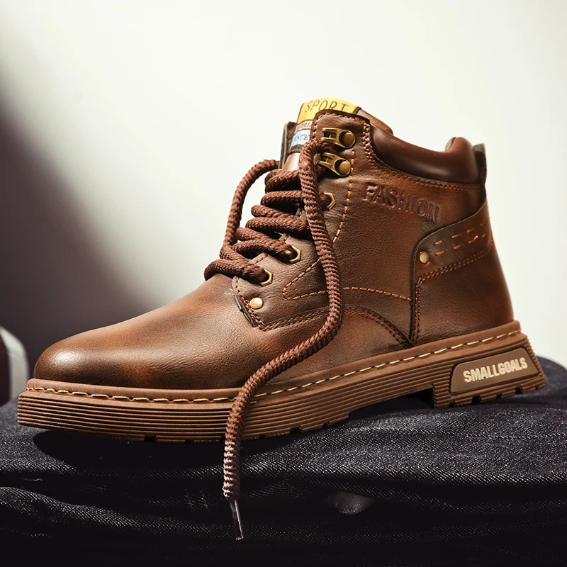 

Men Ankle Boots Lace Up Short Boots Brown Platform Sole Outdoor Walking Boots Work Comfortable Social Shoe Male Spring Autumn