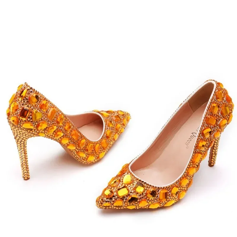 Woman Pumps Brand Design Lady Pointed Toe Rhinestone Slip-On PU 11CM Thin Heels Lady Party Stage Performance Women Shoe Colorful