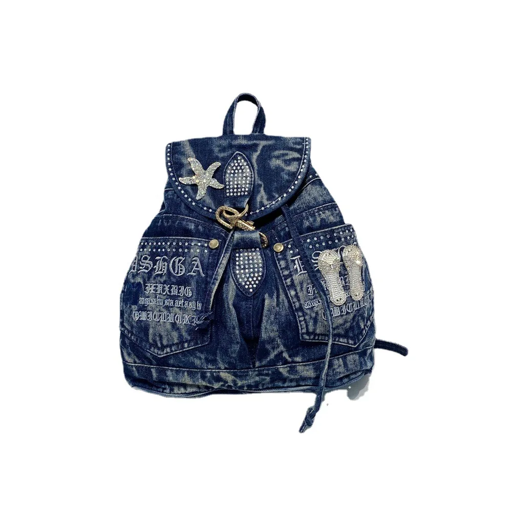 Brand Designer New Fashionable Water-washed Denim Backpack With Diamond Multifunctional Embroidery Travelbag Backpack For Girls