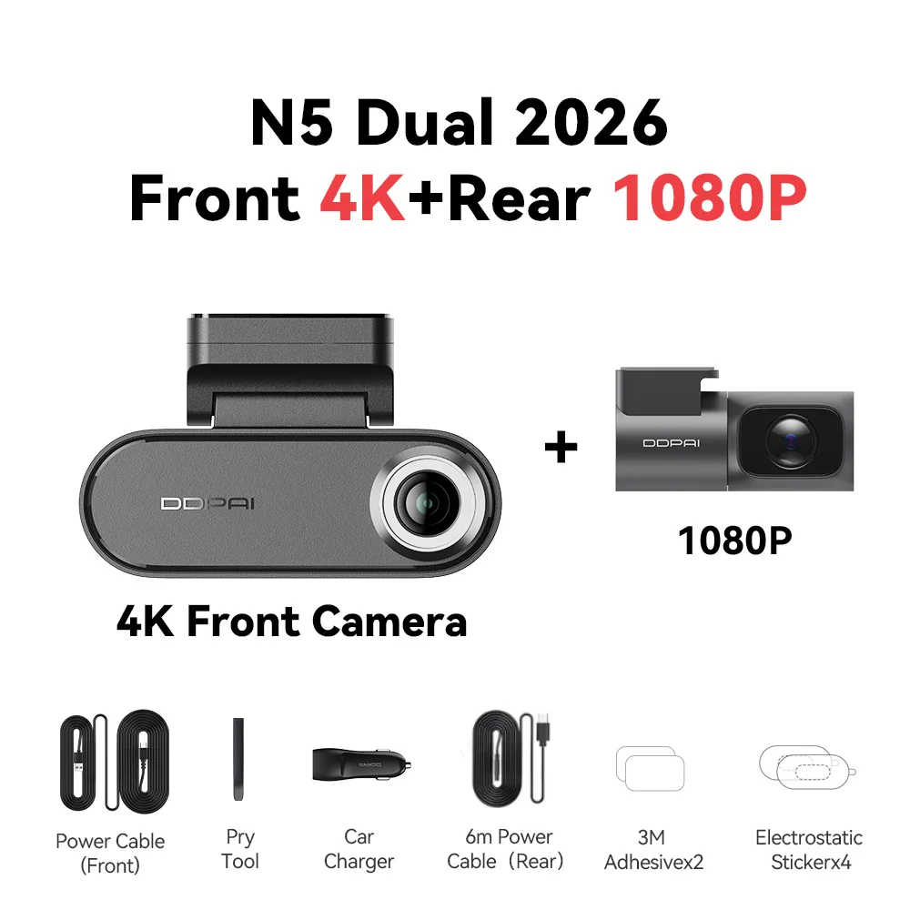 DDPAI N5 Dual 4K HDR Dashcam voor en achter AI NightVIS camera WiFi 6 GPS ADAS Spraakbesturing 24 uur parkeermodus 32GB eMMC Auto DVR
