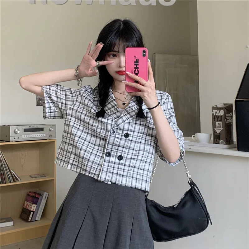 

Женская ретро-рубашка в гонконгском стиле в клетку с коротким рукавом и воротником, больших размеров, для полных женщин, летний модный топ с высокой талией