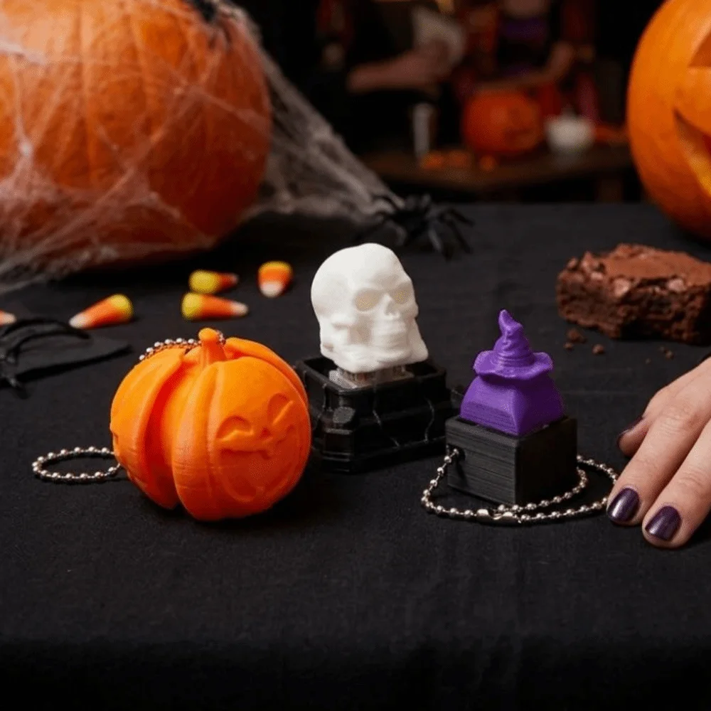 Novelty Halloween Pumpkin Keychain 3D Printed Gothic Style Ghost Witch Hat Pendant Mechanical Click Click Sound