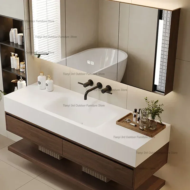 Vintage Log Smart Mirror Cabinet Vanity with Sink Large Capacity Storage Bathroom Cabinet Simple Furniture Тумба С Ящиками FYBC