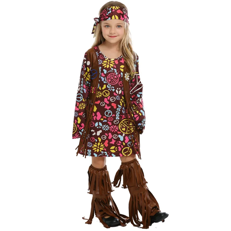 Halloween Children Hippie Rock Girl Cosplay Costume Dress Sets Carnival Holiday Party Funny Clothes Stage Performance Costume