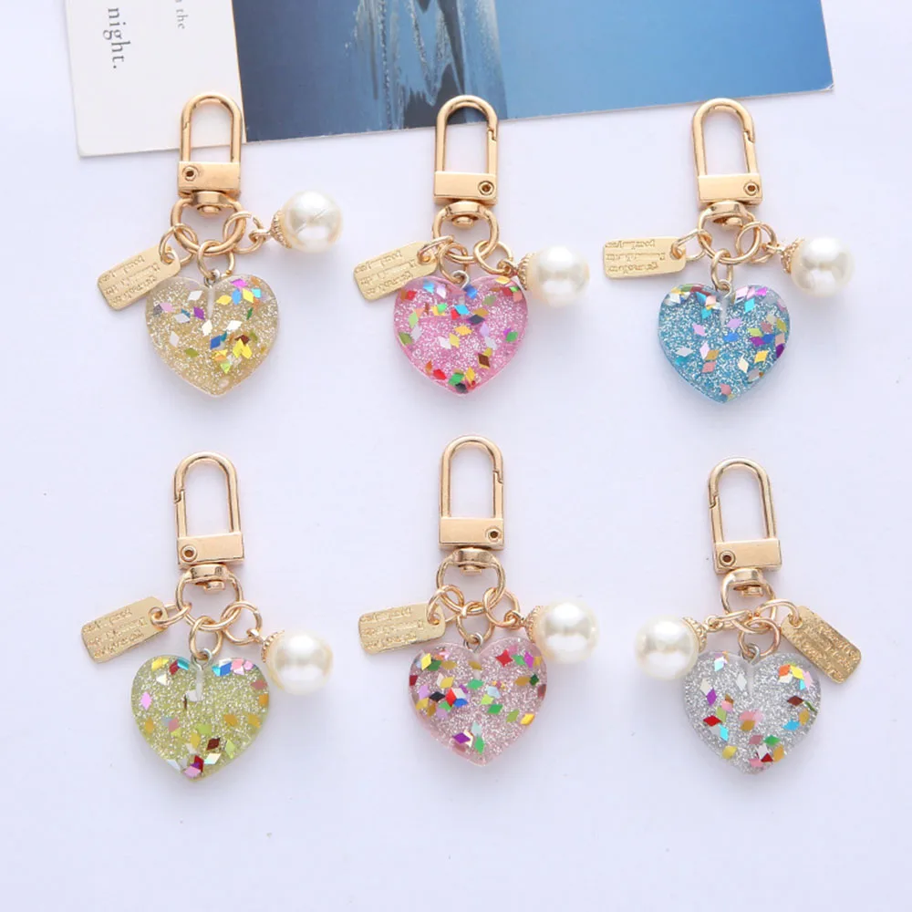 Bling Acrylic Heart Keychain With Colorful Sequin Car Keyring For Women Girls Earphone Purse Decoration Pendant Accessories