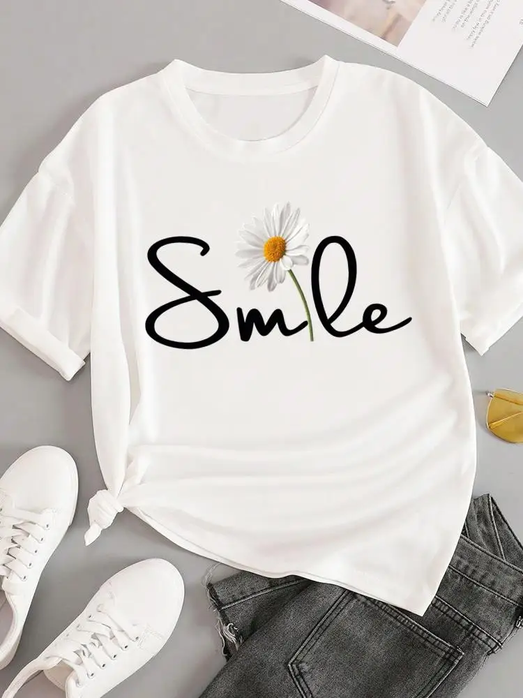 Camiseta con estampado de flores dulces para mujer, camiseta blanca con estampado de los años 90, ropa informal, ropa de moda, camisetas de manga corta con cuello redondo