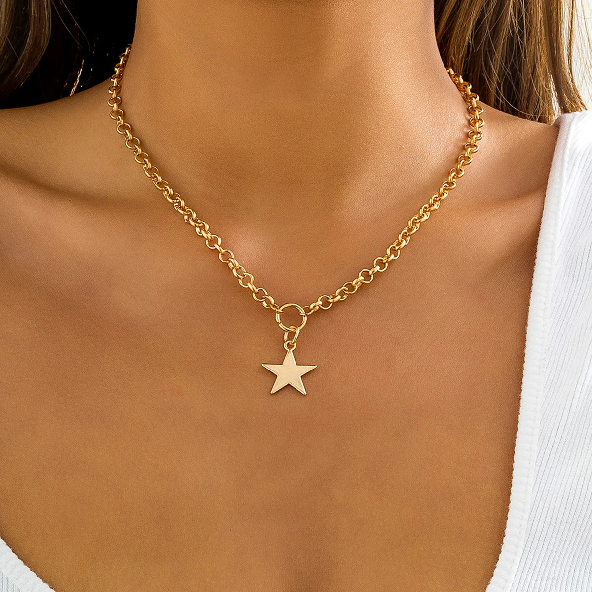 Boho Metal Star Pendant Clavicle Necklace Ladies 2022 Vintage Creative Gold Color O Word Chain Necklaces Girls Fashion Jewelry