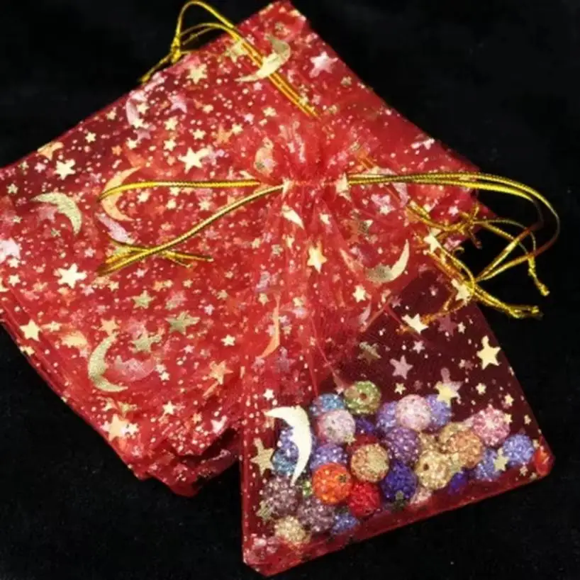10 Uds bolsas de Organza exquisita estrella Luna bolsa de gasa con estampado en caliente bolsas de embalaje de regalo de dulces bolsa de almacenamiento de joyería y cosméticos