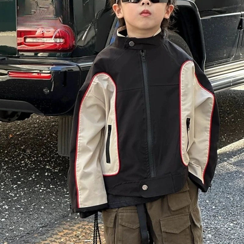 Autumn Boys Windbreaker Jacket Short Color Block Cool Street Style Kids Outdoor Coat Fashion Casual Zip-Up Outerwear for Boys
