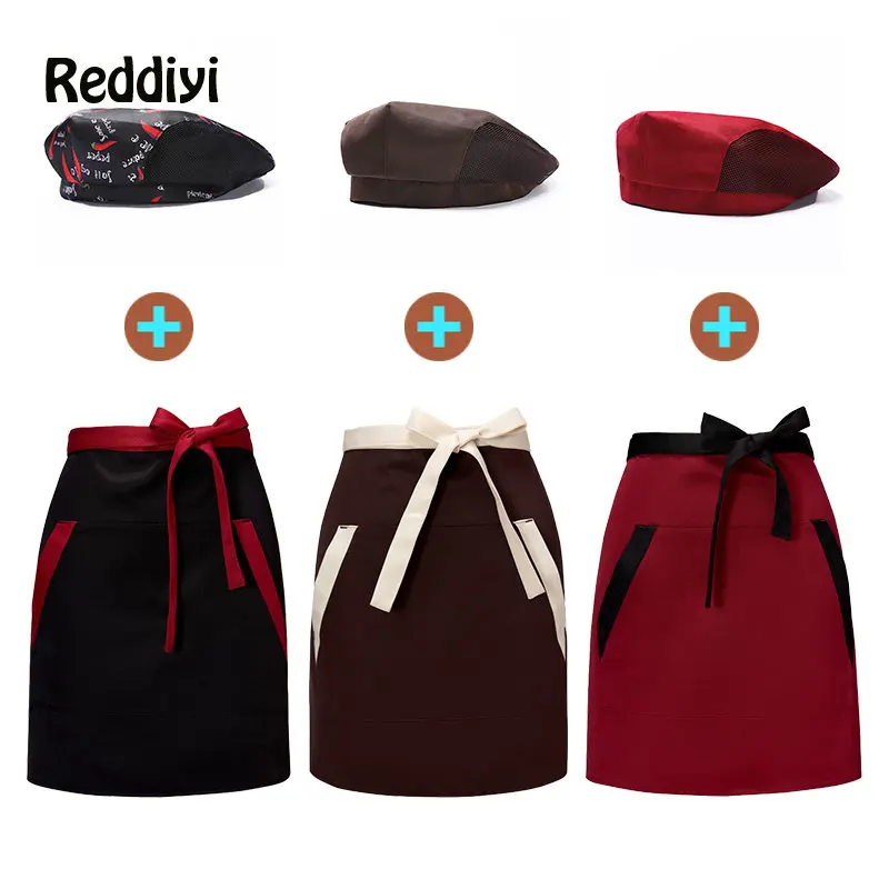 Chef Apron Hat Set Hotel Restaurant Kitchen Workwear Cafe Waiter Pinafore Berets Men and Women Youth Catering Cooking Cap Aprons