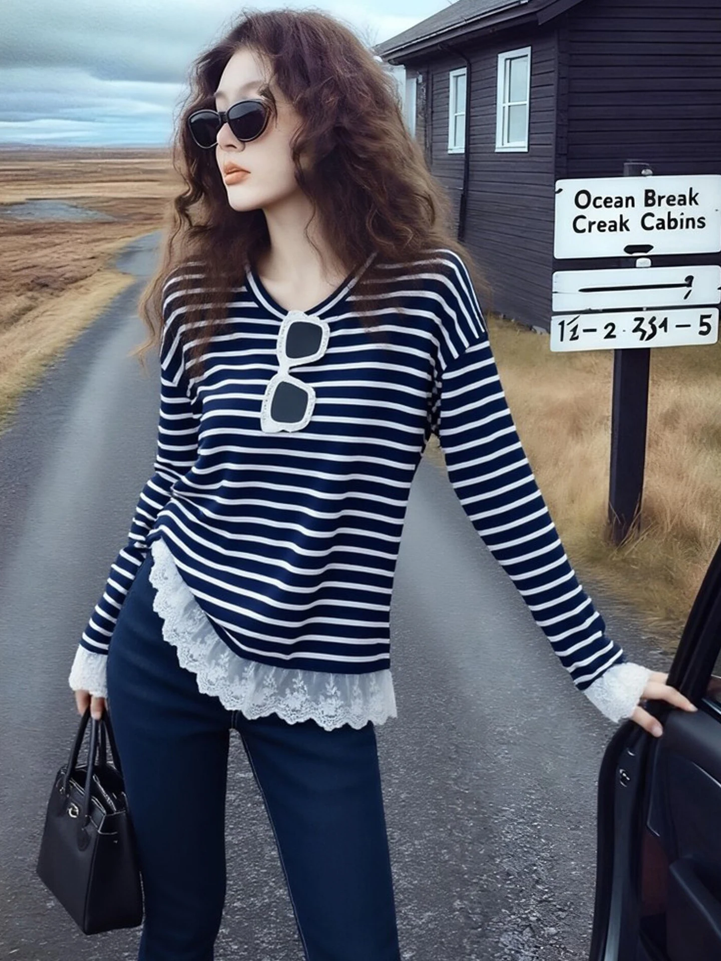 Loose Fit Striped round Neck T-Shirt Color Block Design Mesh Paneling Slimming Effect Spring Autumn Women's Fashion Top