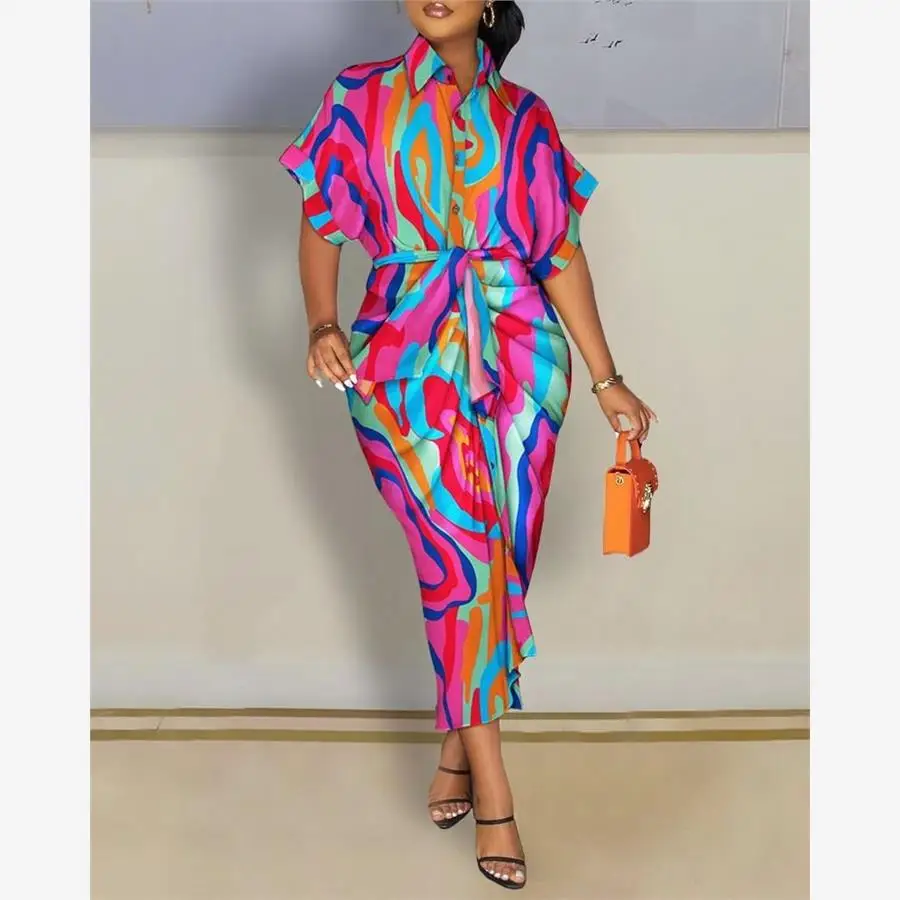 المرأة طويلة Sve V-ne مطبوعة irt Dr Street Sle القطن الكتان الصيف Dr H-aped ex العادية Sve طول