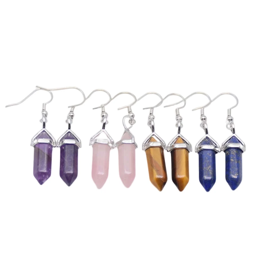 New Hexagonal Reiki Natural Amethysts Aventurine Stone Bead Drop Earrings Bicone Faceted Hook Women Earring Decoration Jewelry