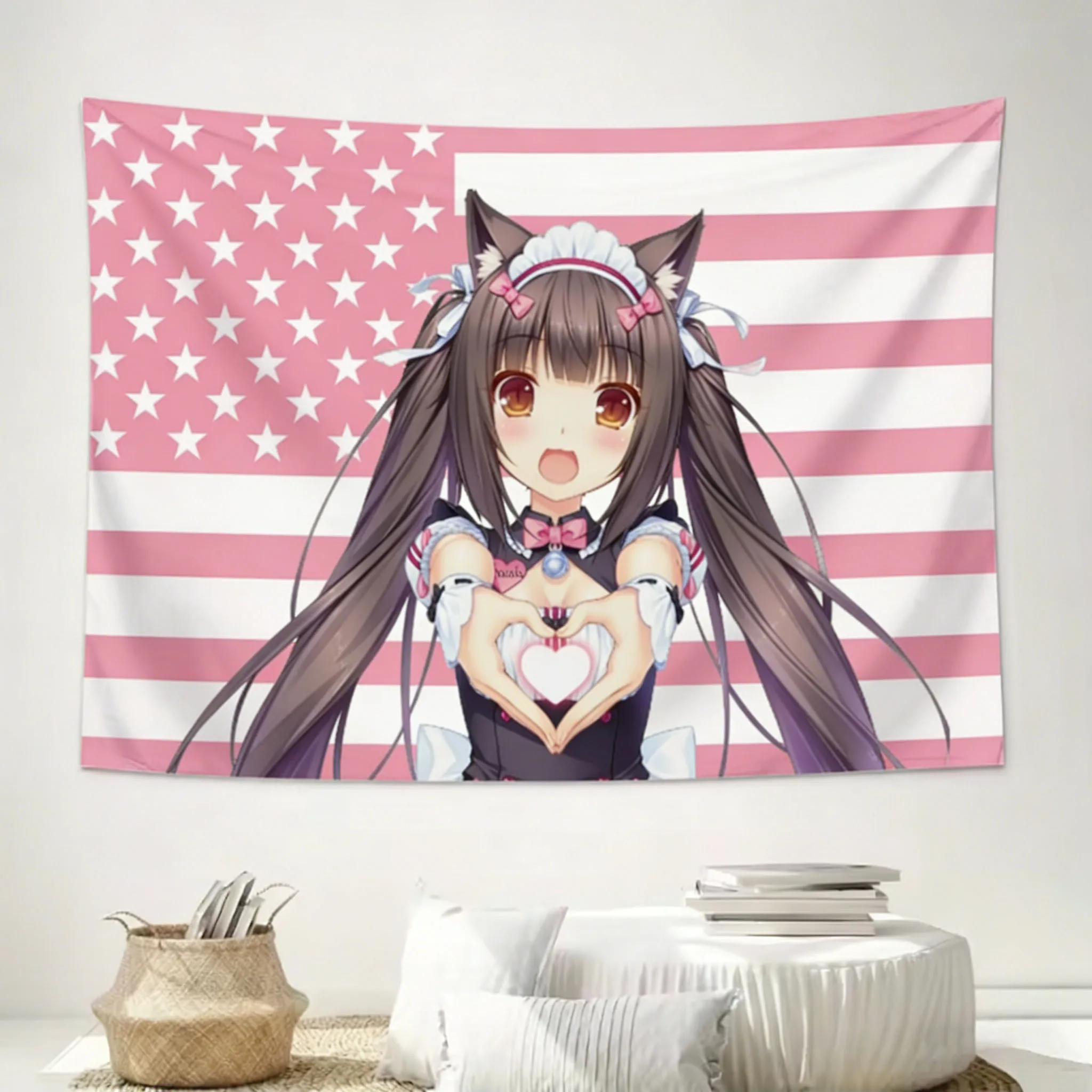 N-NEKOPARA Niedlicher Mädchen-Wandteppich, Heimdekoration, Hintergrundstoff, Wandteppich-Design mit amerikanischer Flagge, Geschenk für Fans und Studenten. – Detail 1