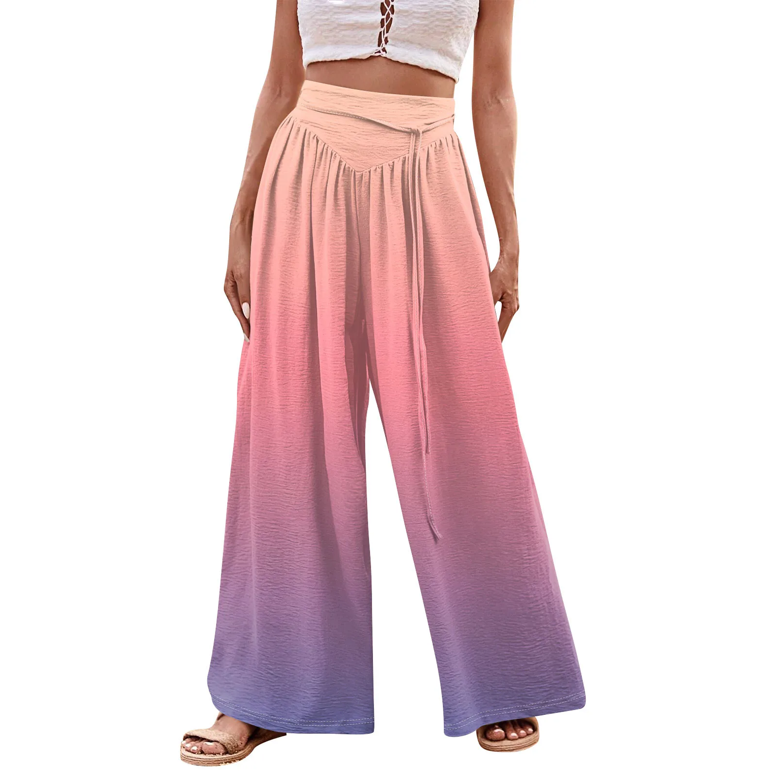 

Straight Gradient Wide Leg Long Pants Elastic Waist Casual Fashion Streetwear Summer Loose Tie Strap Trouser 2024 Lady Trend New