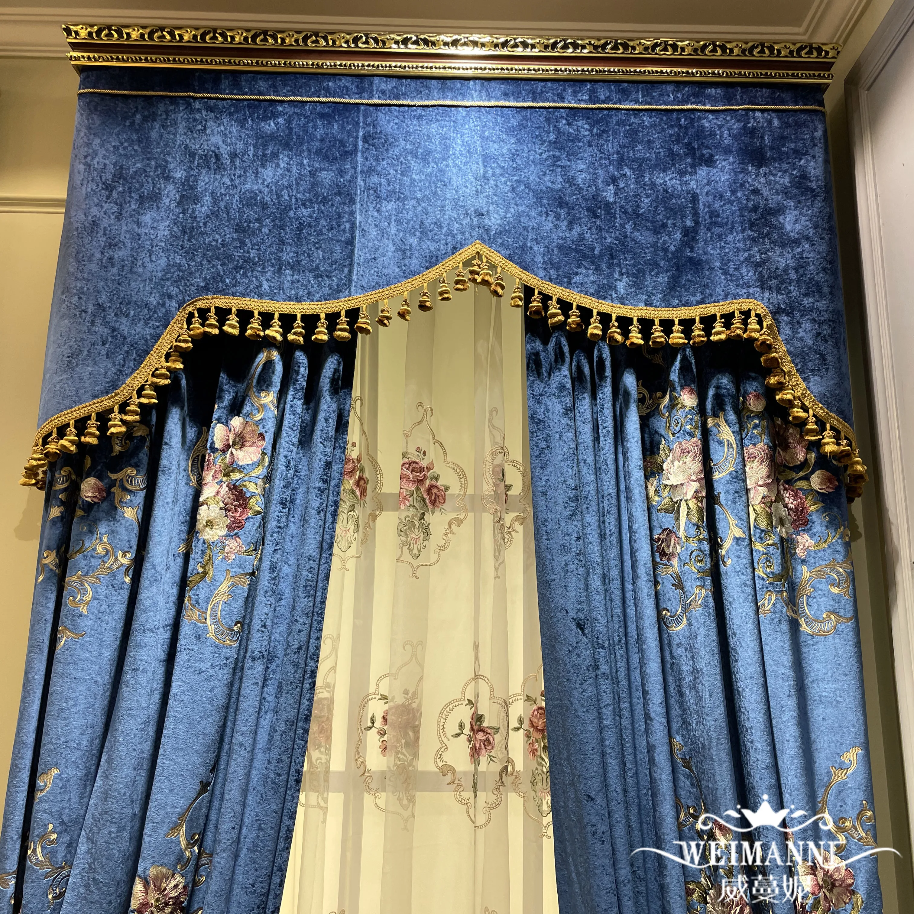 Custom Exquisite embroidery blue European vintage palace velvet thick cloth valance blackout curtain tulle drape C1987