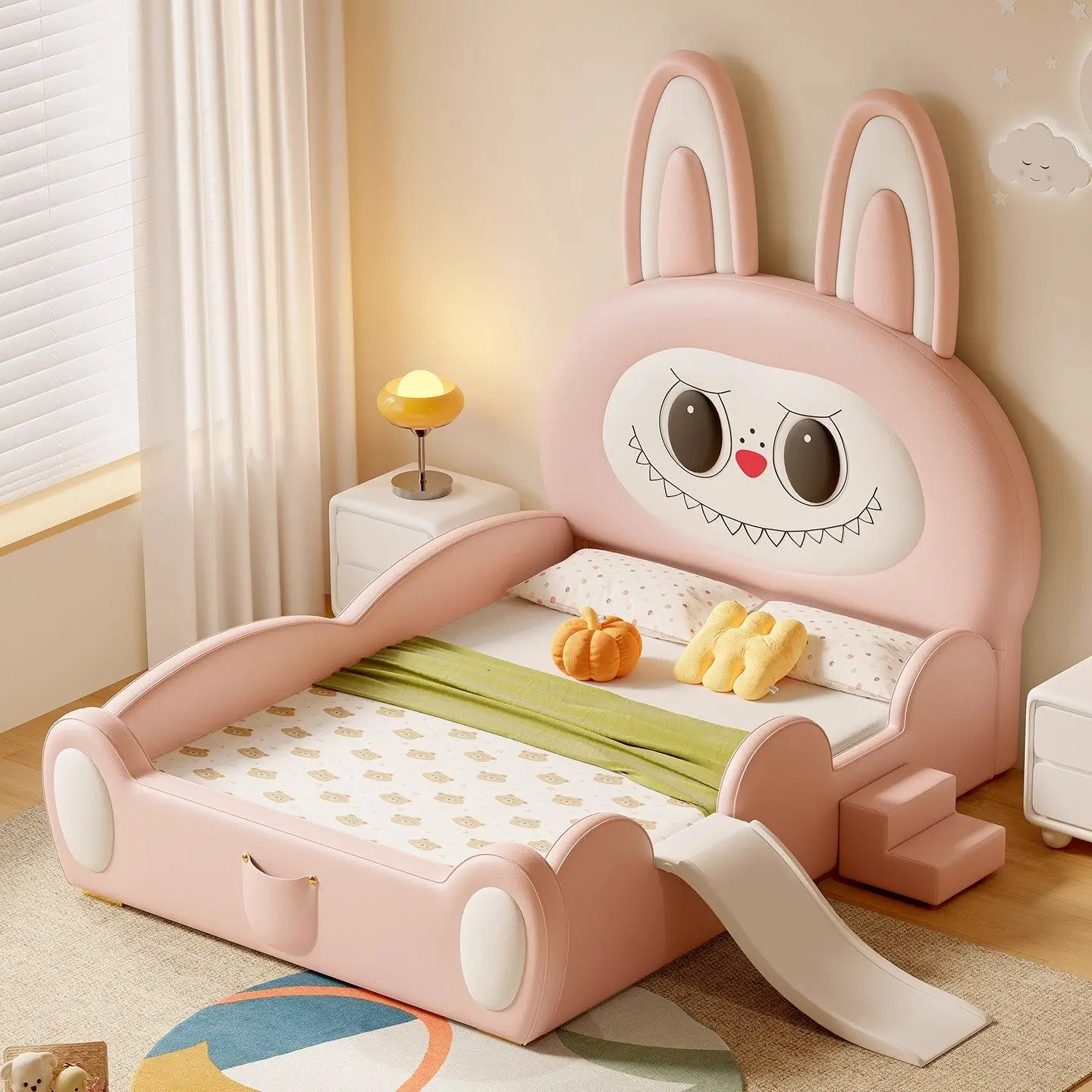 

!@Modern Children Kids Bedroom Furniture Wood Frame Little Dinosaur Bed Frames With Slide and Stairs for Girls Boys