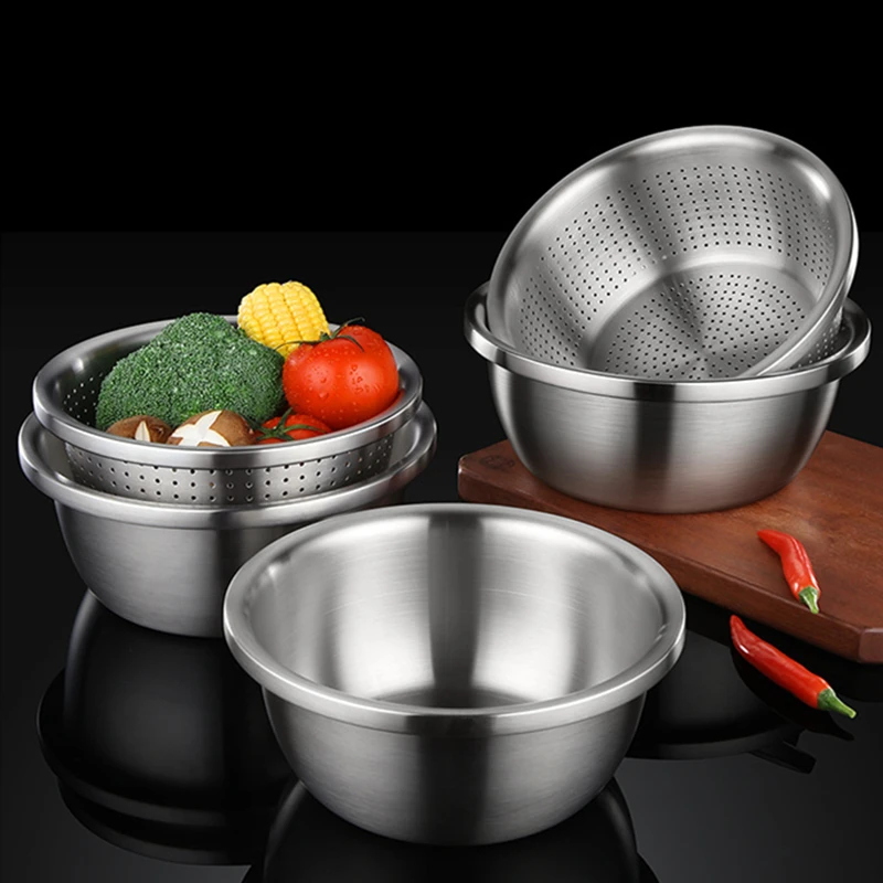 Stainless Steel Salad Egg Mixing Bowls Soup Bowl Drain Basket Washing Vegetables Basin Kitchen Utensils