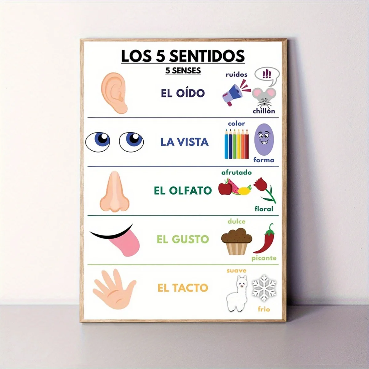 2D Flat, 2D Flat, 1pc Spanish Sensory Learning Poster - Bilingual English/Spanish Educational Chart with 5 Senses (Olfato, Vi