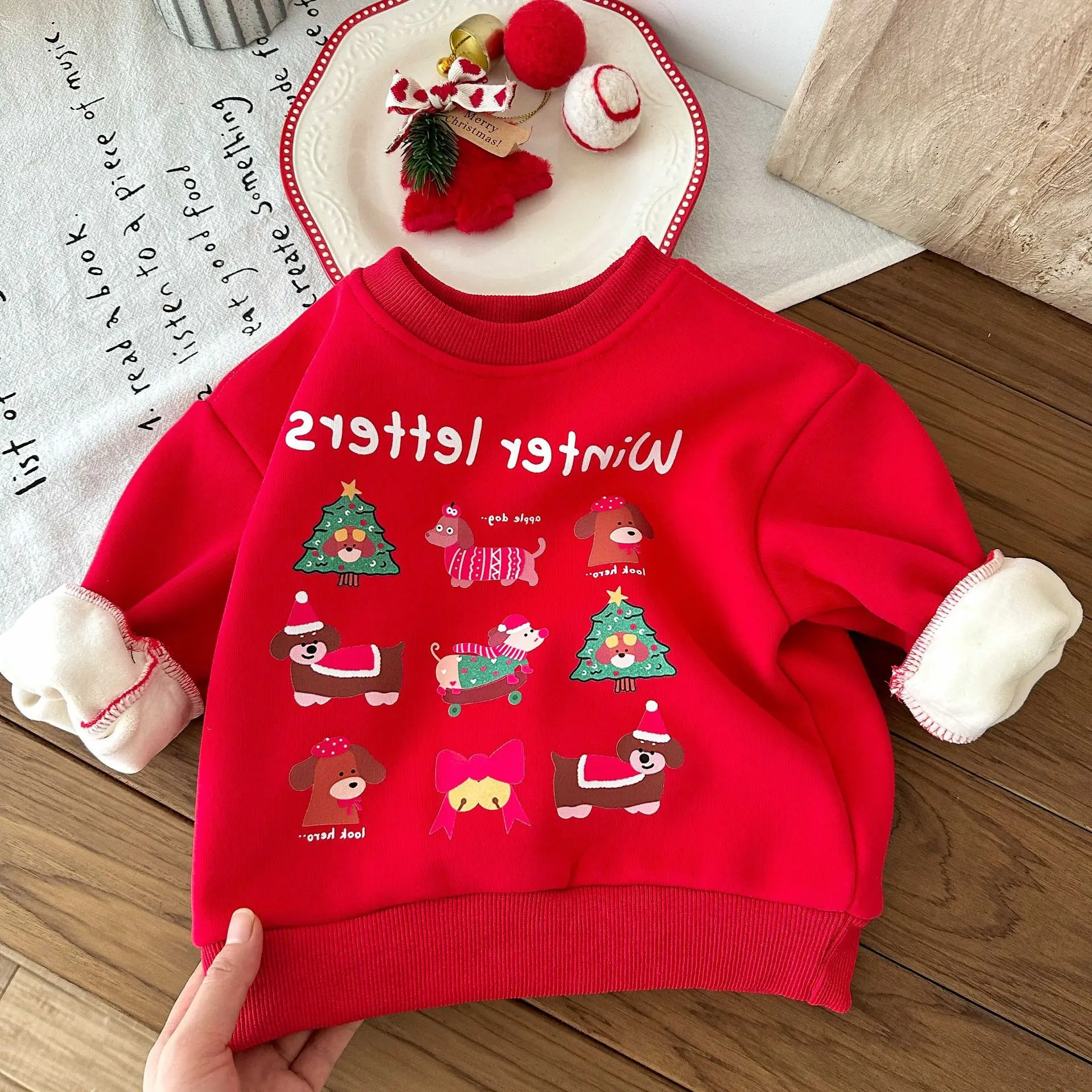 

2025 Winter Children Christmas Red Fleece Sweatshirt Baby Long Sleeve Casual Tops Boys Girls Cartoon Pullover Kids Clothes