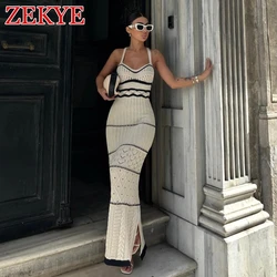 Zekye Striped Elegant Sun crochet dress Woman 2024 Summer Beach Vacation Sleeveless Bodycon Long Dresses V Neck Boho Sexy Knit