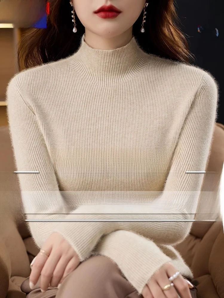 

Женский утепленный вязаный шерстяной свитер с высоким воротником, приталенный, теплый, однотонный, для повседневной носки, с длинными рукавами