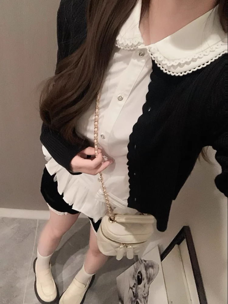 Bla Lace Trim Geborduurde Pop Kraag Lange Sve irt Dames Faion Set Tweedelige Suite Herfst 2025, Nieuwe Sle Ele