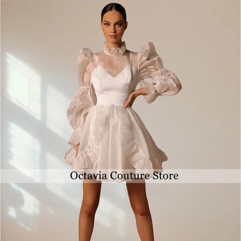 

Puffy Long Sleeves Organza Cocktail Dresses Woman Mini A Line Wedding Party Prom Dress Gown Pleat Graduation Dress Customized