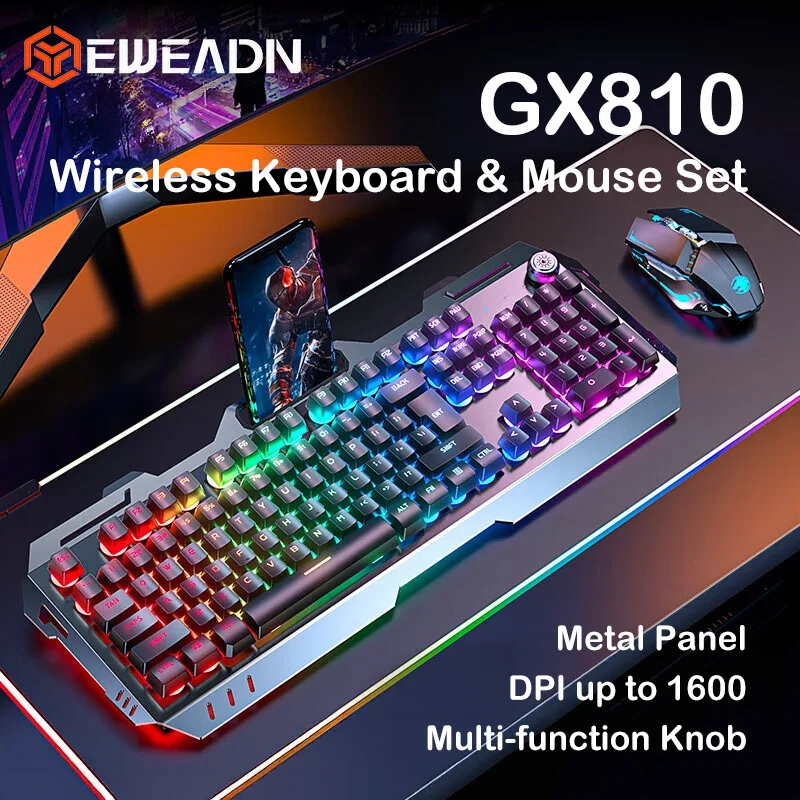 EWEADN GX810 Wireless Keyboard Mouse Combo 104 Keys MechanicalFeel Metal Panel RGB Backlit Multimedia Knob Gaming Set