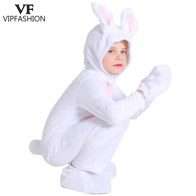 

VIP FASHION Cute Plush Rabbit Jumpsuit with Headwear Carnival Easter Animal Costume Stage Performance Outfit White Pajamas Suit