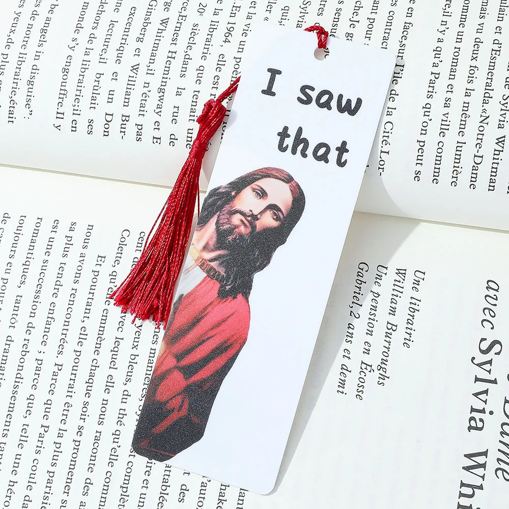 

Acrylic Bookmark with Red Tassel Jesus Pattern Humorous Bookmarks Office Gifts for Coworkers, Birthday Gifts for Friends