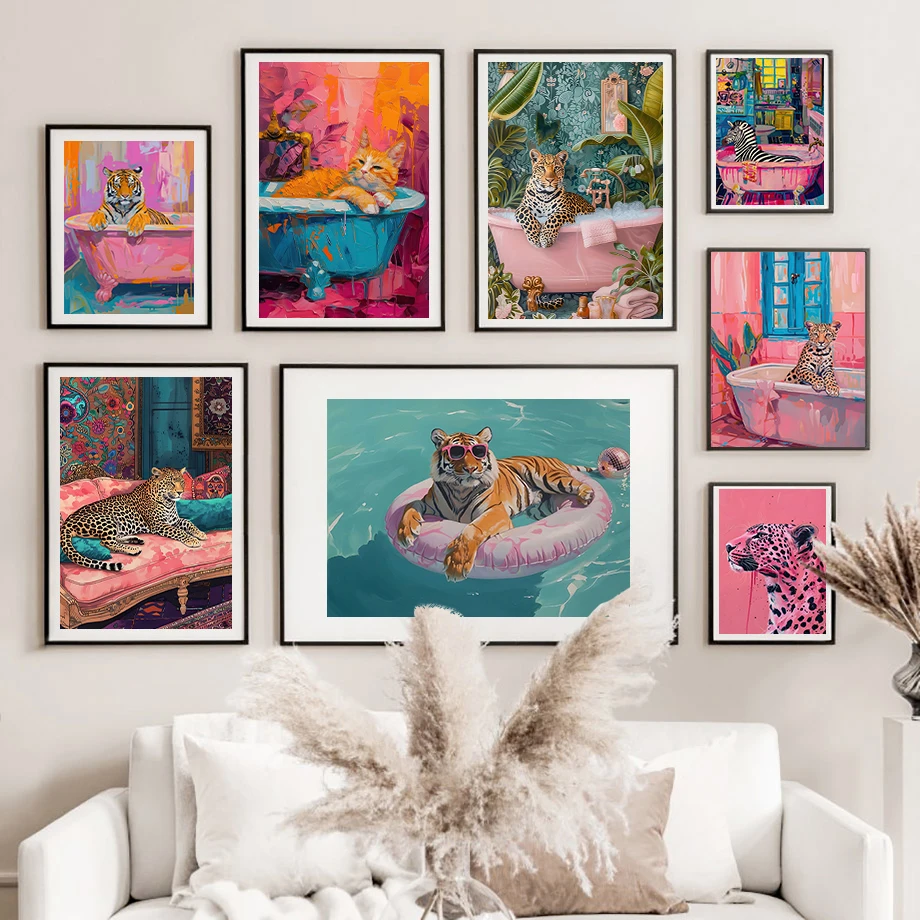 Pink Leopard Swimming Tiger Bathtub Zebras, Cats Sleeping Leopard Fashion Wall Art Canvas Painting Nordic Poster Room Decor