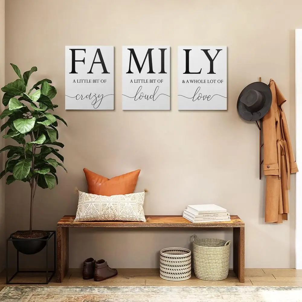 GUBIYU ديكور حائط منزلي للعائلة، لوحة فنية جدارية لغرفة المعيشة مكونة من 3 مطبوعات قماشية ملهمة بإطار أبيض وأسود من القماش الفني P