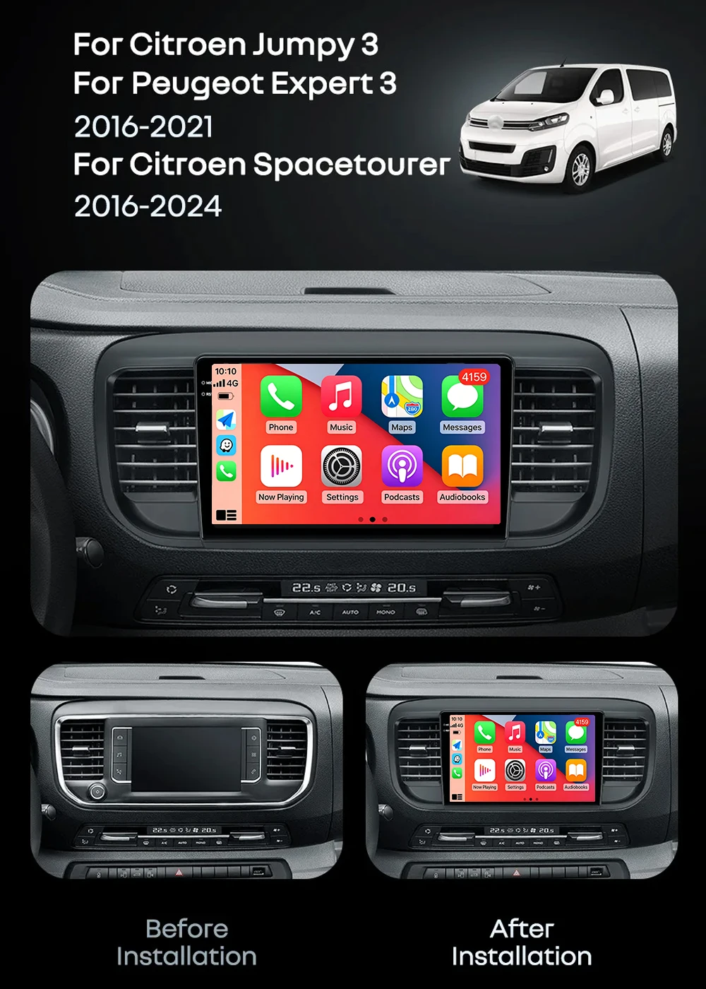 Android 16 Car Radio Navigation Multimedia Stereo Player Carplay&Auto For Citroen Jumpy III 3 SpaceTourer 1 For Peugeot Expert 3
