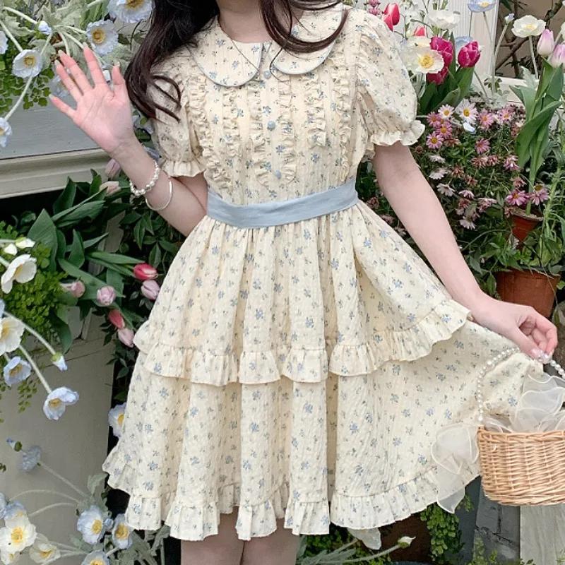 Sweet Dresses for Women Peter Pan Collar Summer Mini Printed Cute Girls Clothing Fashion Puff Sleeve Lace-up Ins College A-line