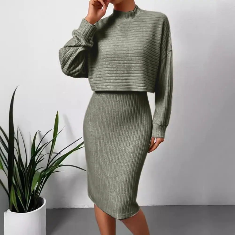 2 Pcs/Set Women Outfit Sweater Top Dress Suit Mock Collar Thread Long Sleeve Blouse Sheath Slim Knitted Dress Set