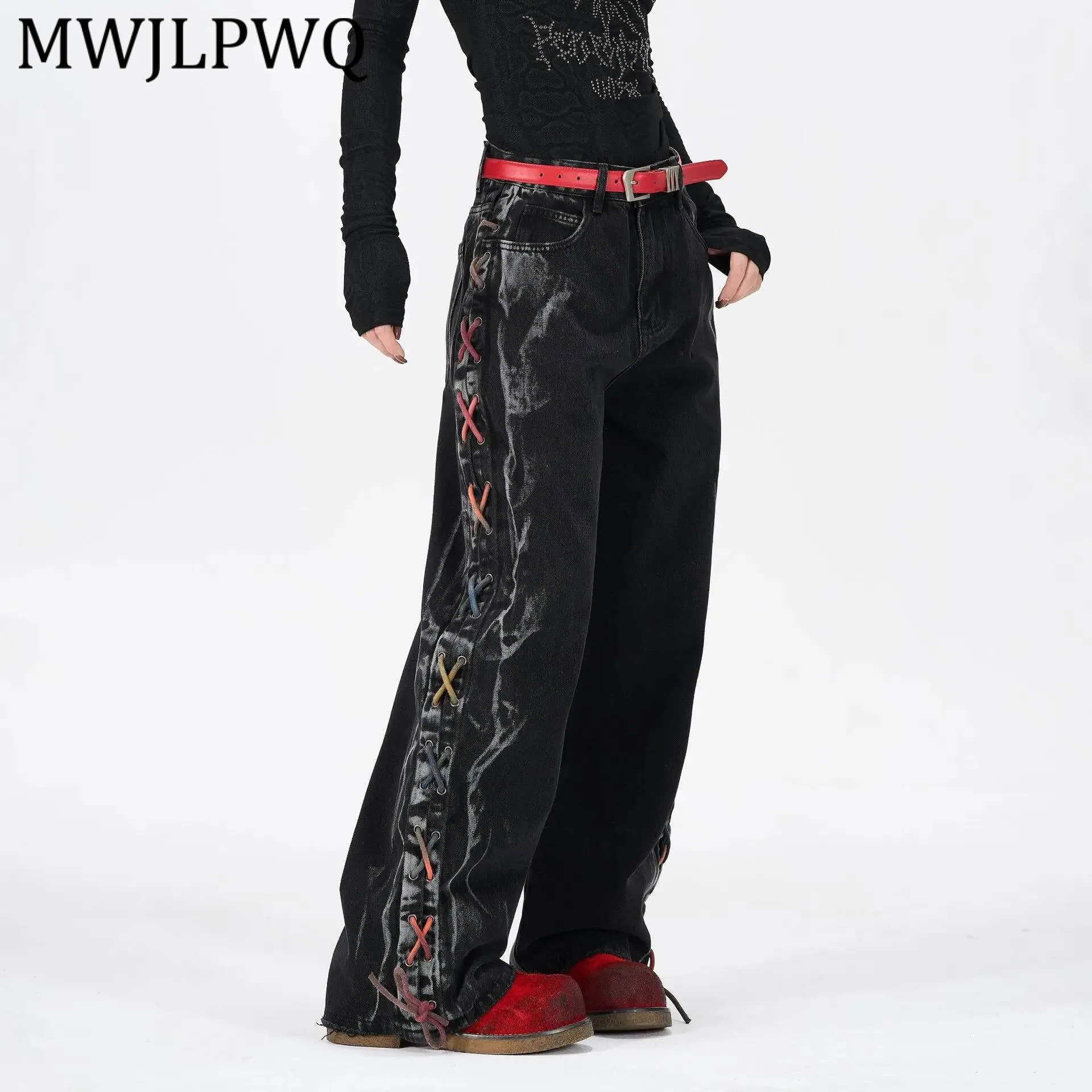 

MWJLPWQ Мужская одежда, новые американские джинсы в стиле RO, свободные осенние широкие брюки на шнуровке, 22004