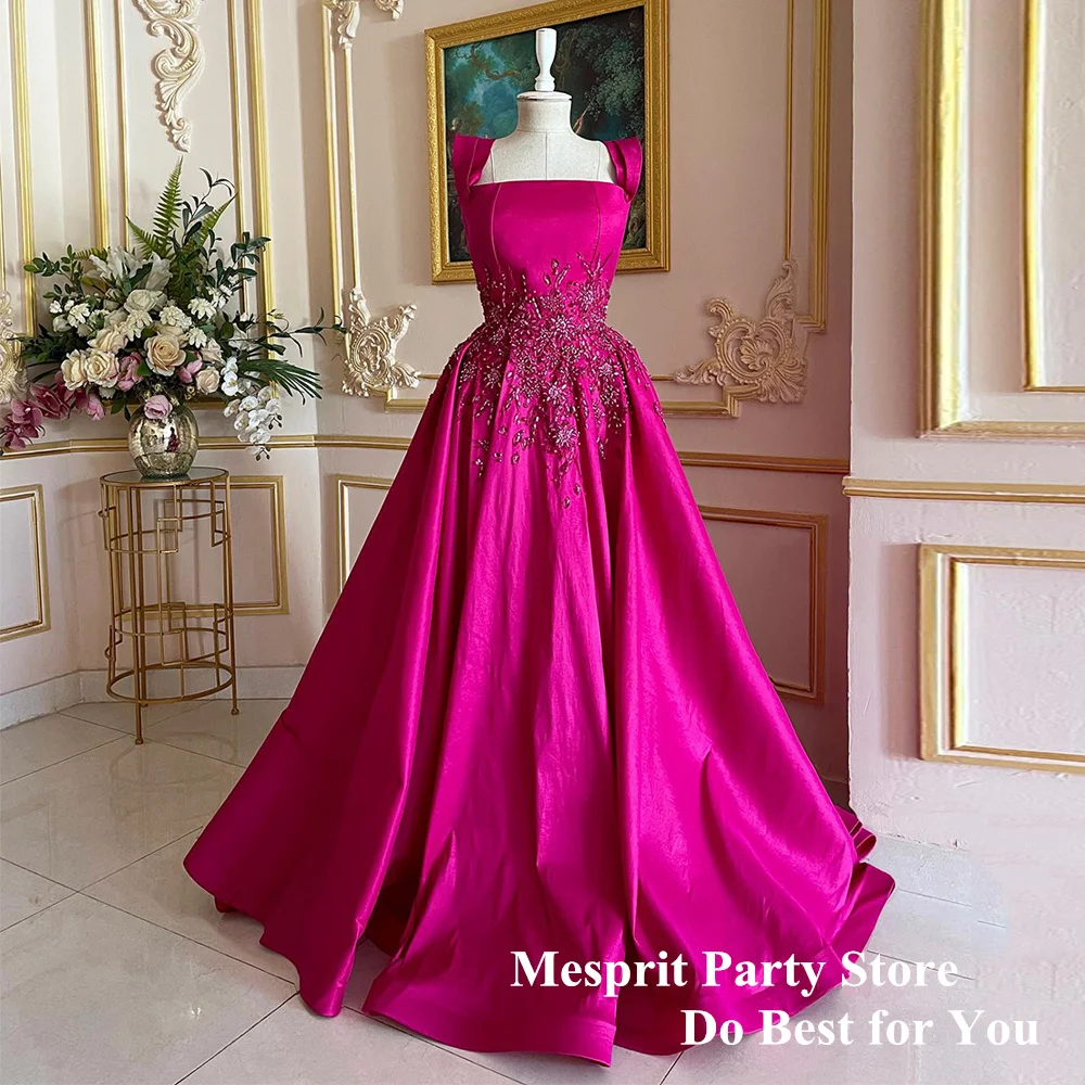 Fuchsia Evening Dress Real Prom Gown Strapless Sleeveless Beading Applique A Line Satin Saudi Party Dresses for Weddings