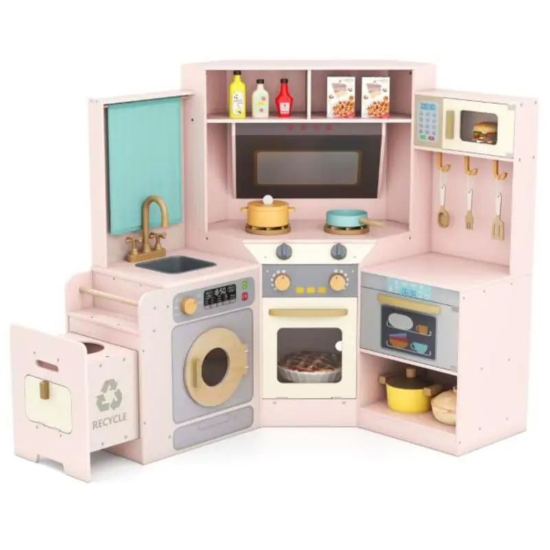 

Corner Kitchen Toys with Lights and Sounds with Pull-out Trash Can and Stoves-Pink