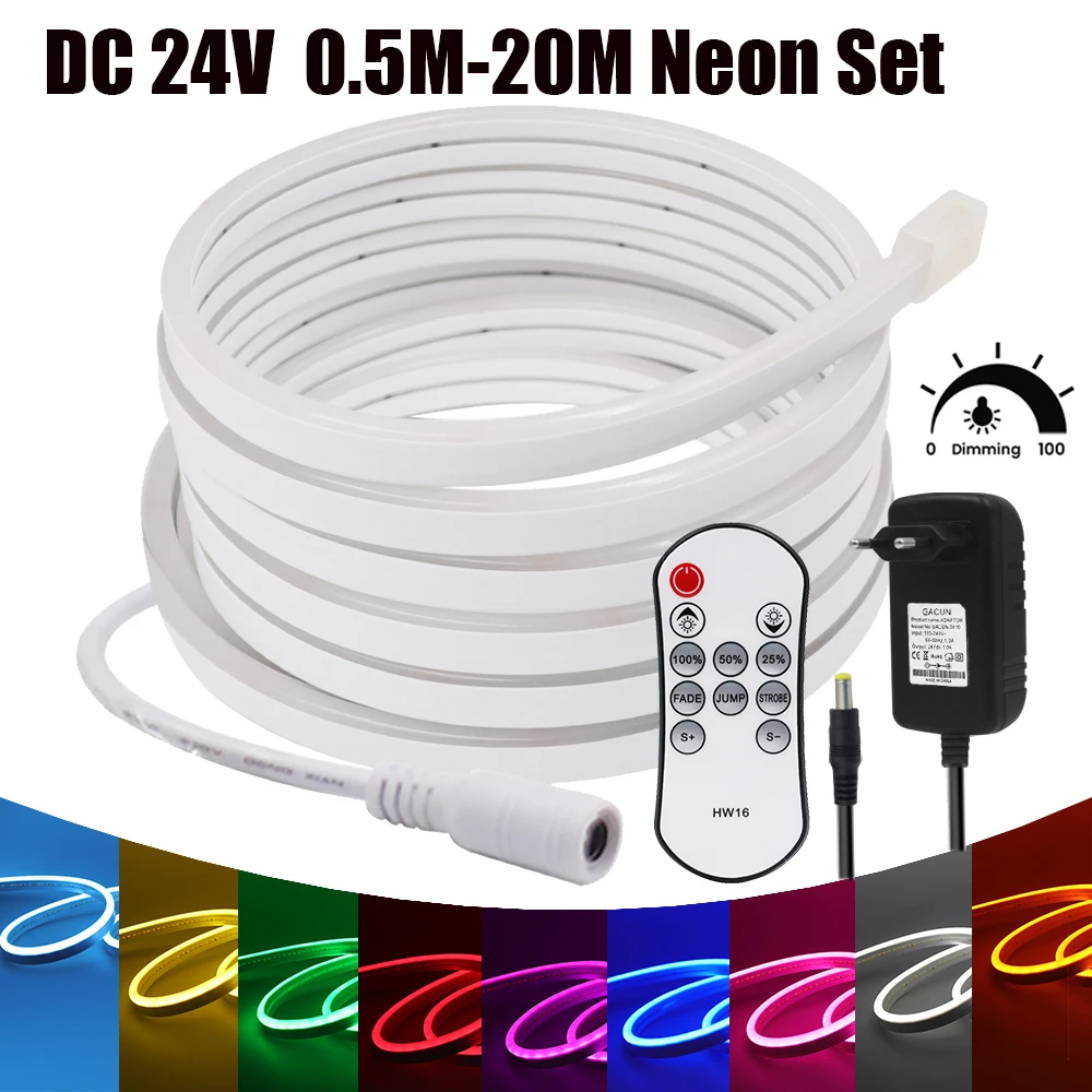 

DC 24V Dimmerable Neon Strip With Remote 1M 5M 10M TV BackLight Home Decor White/Blue/Pink/Yellow/Green Silicon Tube LED Light