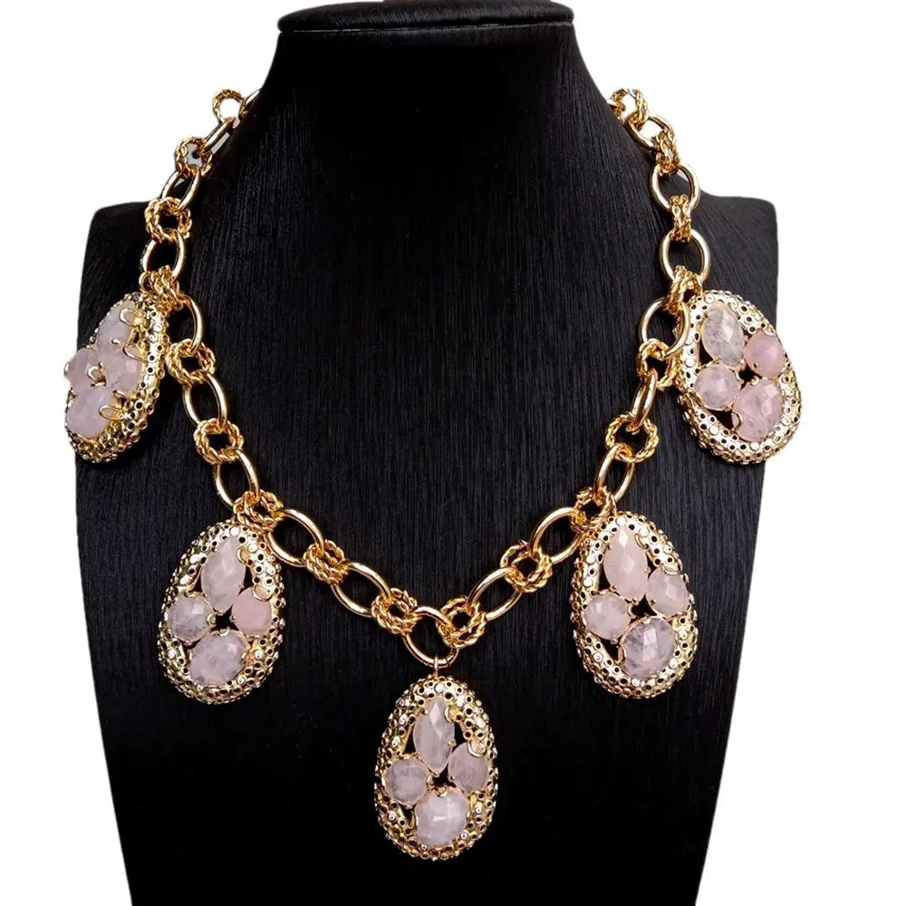 Y·YING Natural Pink Rose Quartz Charm Statement Necklace Collar Choker Necklaces Designer Jewelry