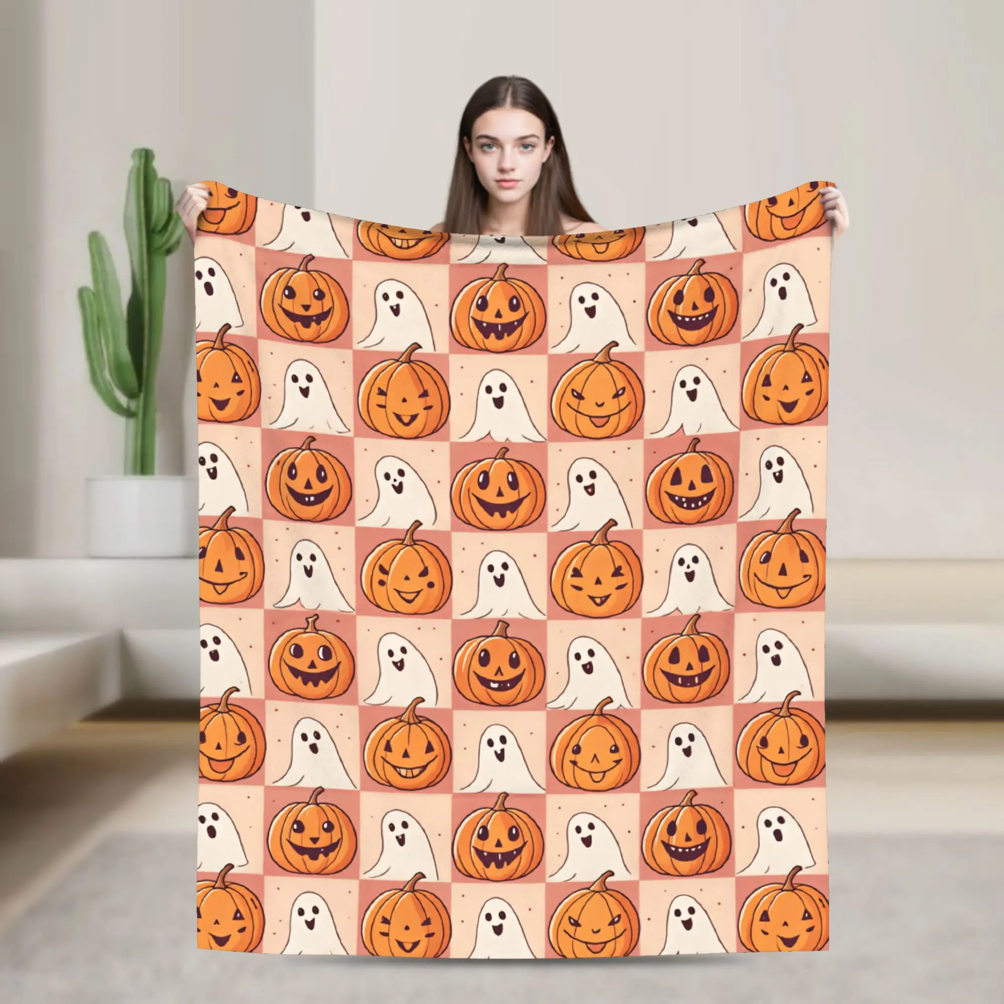 Cozy Blanket Travel Car Halloween Checkerboard Pumpkin Ghost Seamless Pattern Throw Blanket Pattern  Bedspread For Home Decor