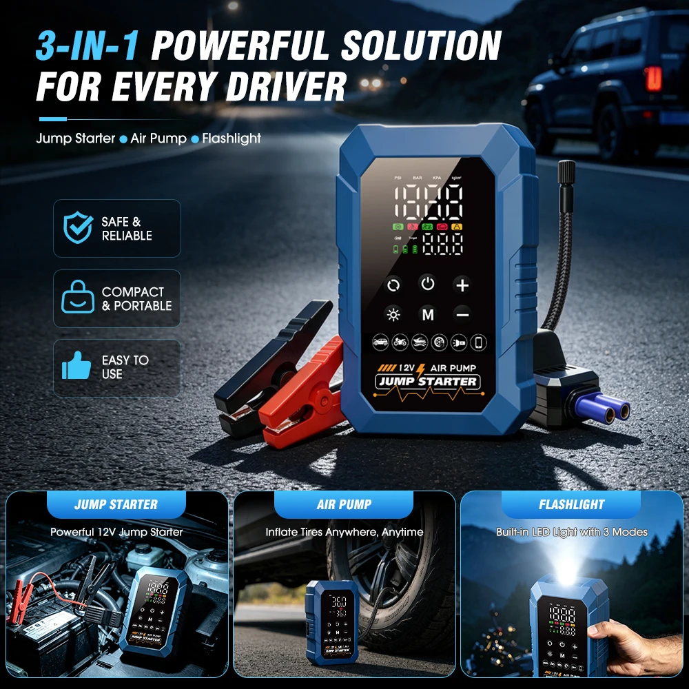 12V Car Emergency Jump Starter 150PSI Battery Booster Air Pump Tire Inflator LED Flashlight Type-C for SUV Motorcycle Ball CE