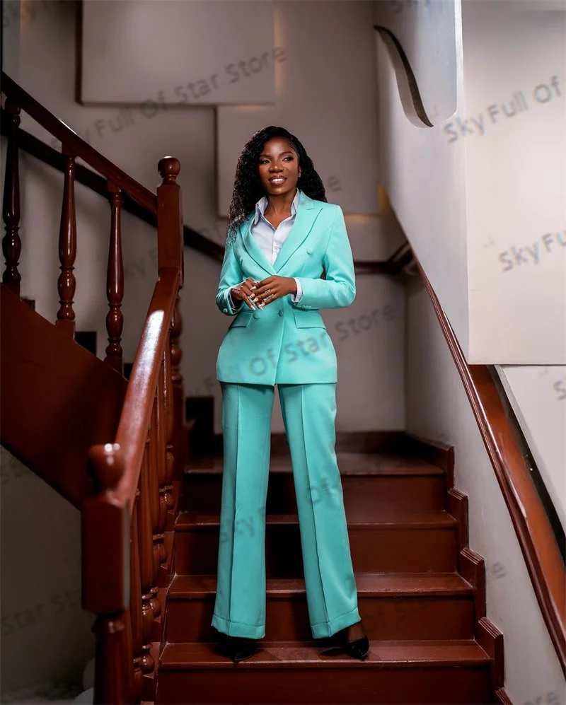 

Fashion Blue Women Suit Set Customized 2 Pcs Blazer+Pants Trousers Spring Formal Office Lady Jacket Cotton Wedding Prom Dress