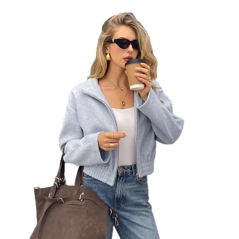 Nouvelle veste courte à manches longues, décontractée, unie, à col montant, avec fermeture éclair sur le devant, idéale pour les fêtes, pour les vacances de printemps